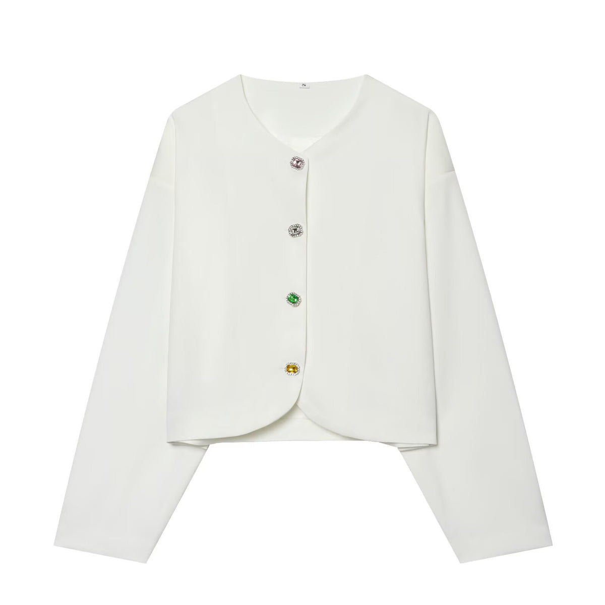 Women's Cropped Boxy Jacket with Decorative Buttons and Round Neckline Shop Velvia