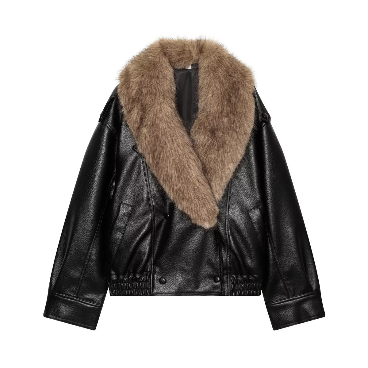 Women's Short Cut Biker Leather Jacket with Voluminous Faux Fur Shawl Collar Shop Velvia