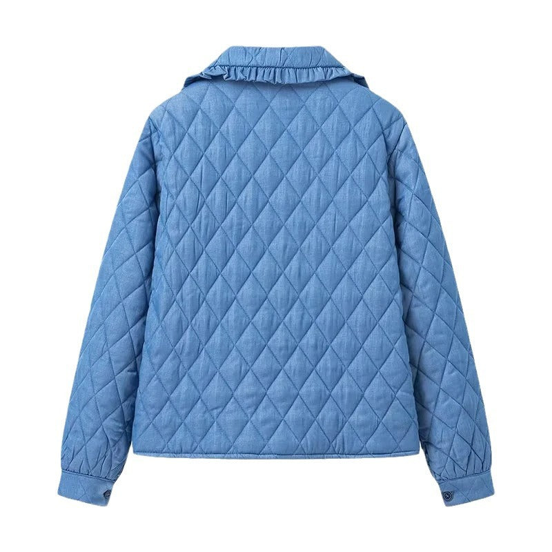 Women Short Quilted Jacket with Ruffled Collar, Ties and Patch Pockets Shop Velvia