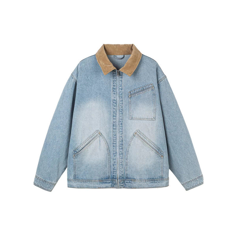 Men's Boxy Denim Jacket in Worker Style with Cord Collar and Front Zipper Shop Velvia