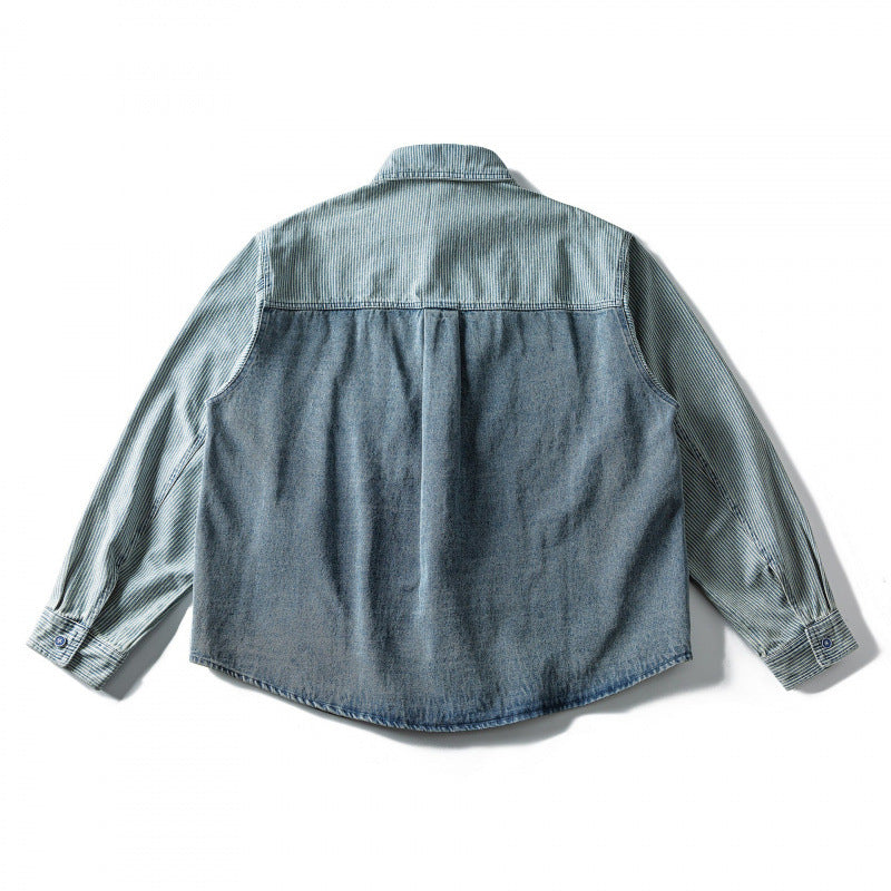 Unisex Wide Two-Tone Denim Shirt with Stripe Mix and Boxy Oversized Cut Shop Velvia