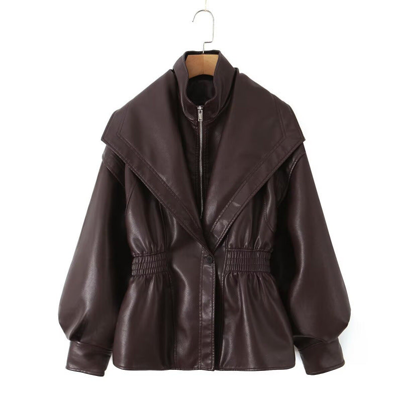 Women's Faux Leather Jacket with Wide Shawl Collar and Gathered Waistband Shop Velvia