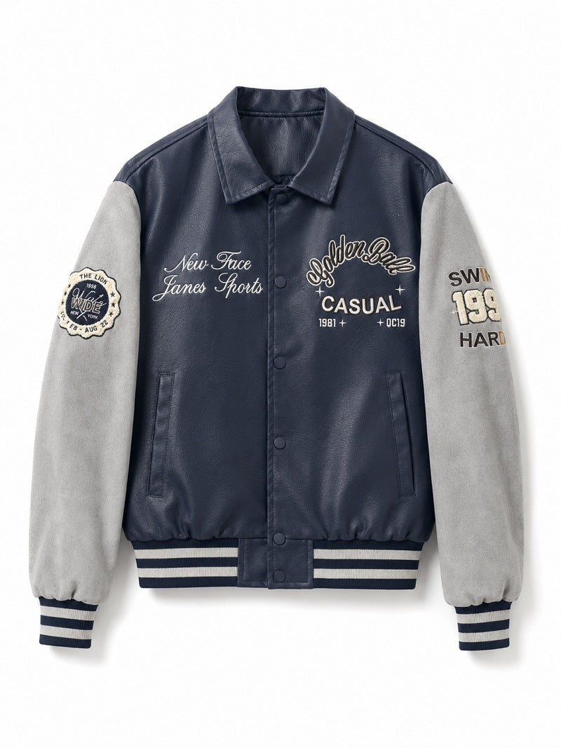 Men's varsity bomber jacket in collegiate style with faux leather body, suede look sleeves and embroidered patches Shop Velvia