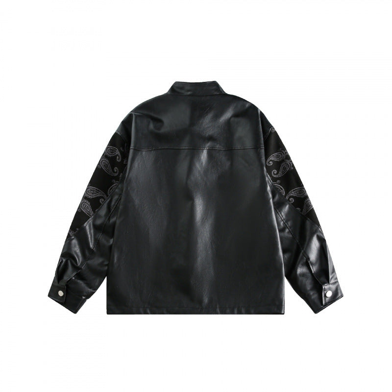 Unisex jacket in chinoiserie style with faux leather front, stand-up collar, and paisley sleeves Shop Velvia