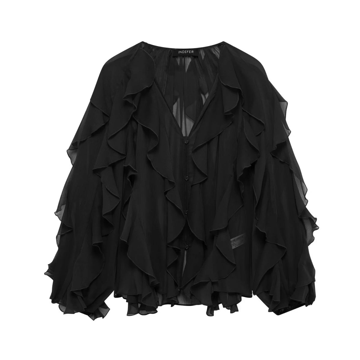Women Voluminous Chiffon Blouse with Layered Ruffles and Button Placket Shop Velvia