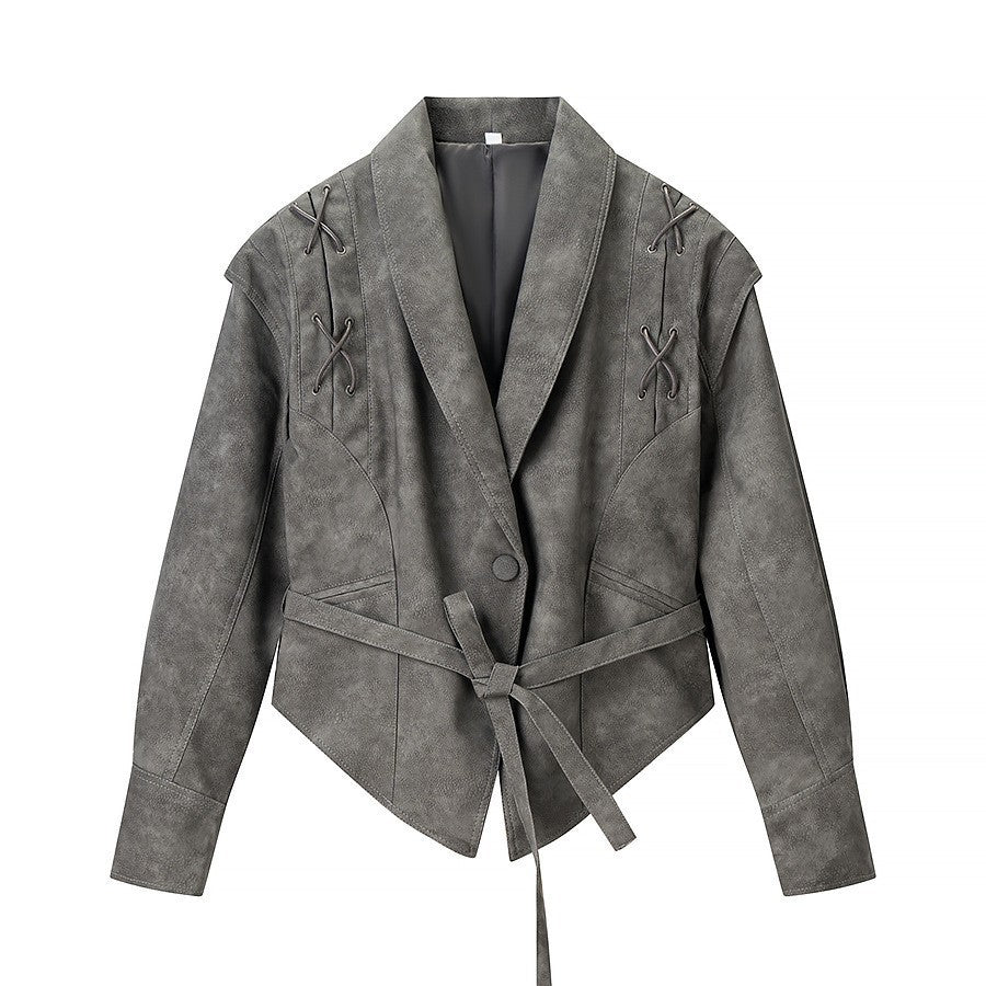 Women's Tailored Suede Blazer with Tie Belt and Lacing Detail Shop Velvia