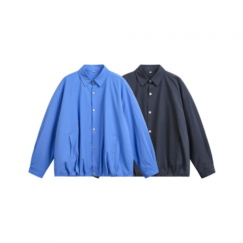 Unisex Boxy Shirt Jacket with Snap Button Placket, Shirt Collar and Elastic Hem Shop Velvia