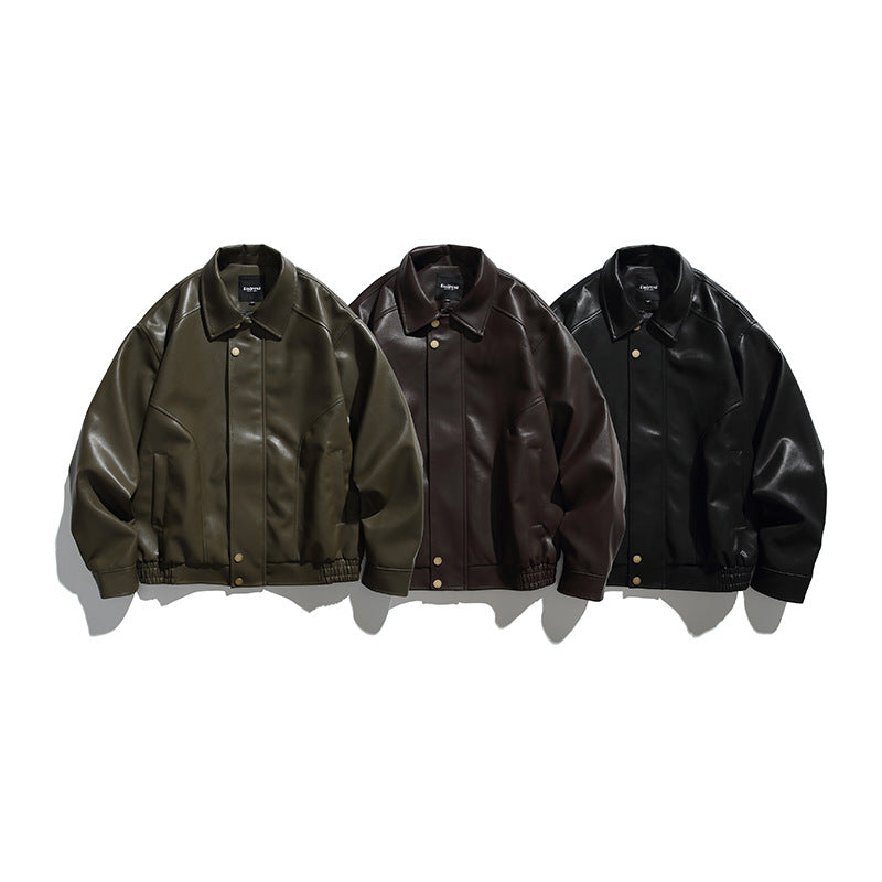 Men's Boxy Faux Leather Bomber Jacket with Concealed Snap Placket, Elastic Hem, and Patch Pockets Shop Velvia