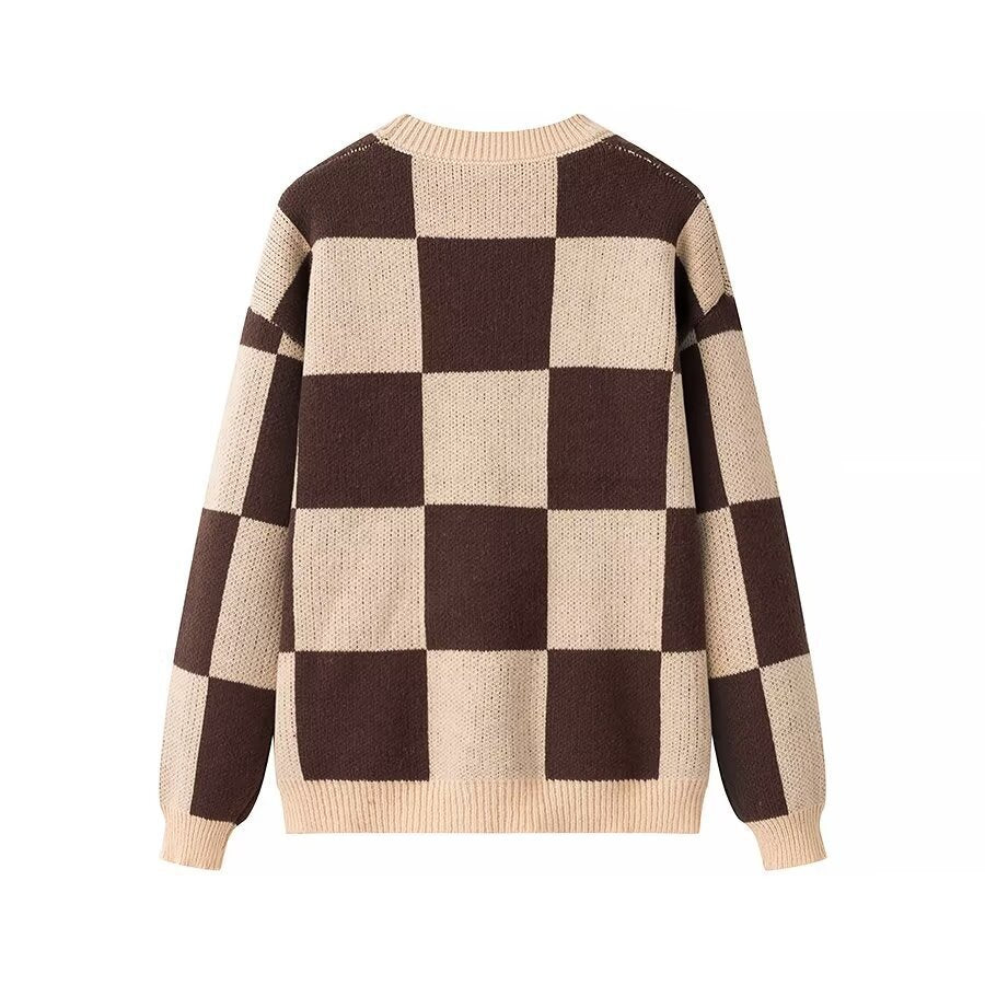 Women's Oversize Knitted Sweater with Distinctive Check Pattern and Ribbed Finishes Shop Velvia