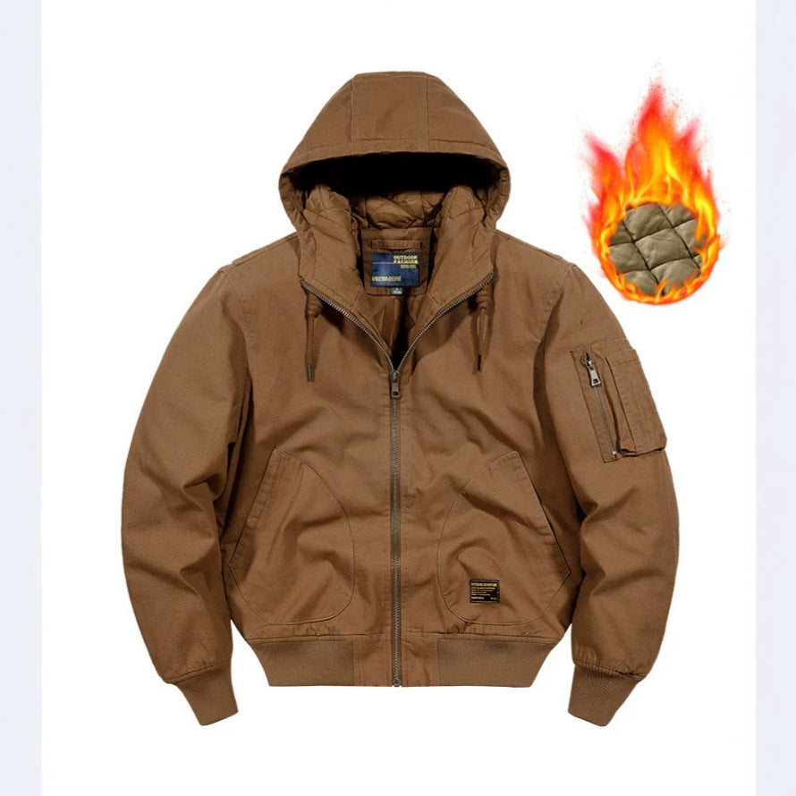 Men's hooded bomber jacket with quilted thermal lining and robust canvas outer material Shop Velvia