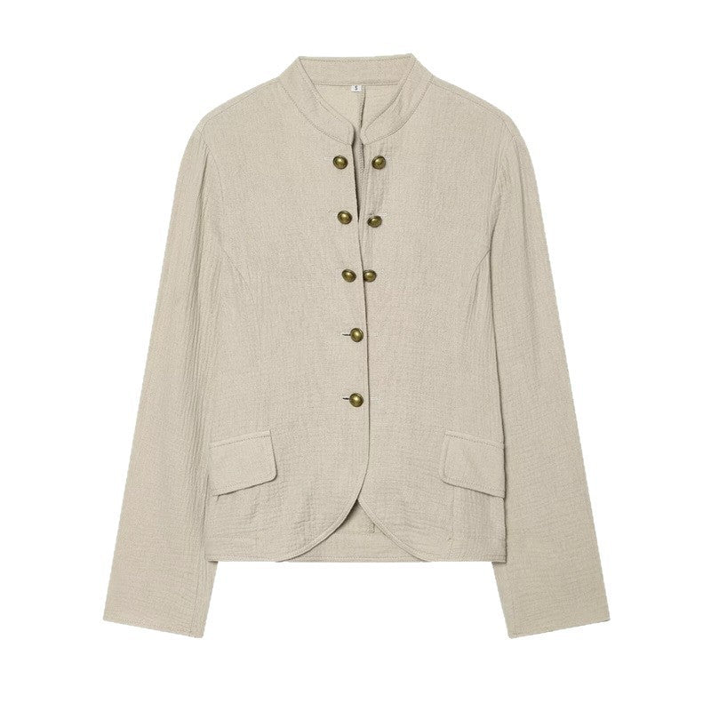 Women Boxy Linen Blazer with Stand Collar, Decorative Button Placket and Patch Pockets Shop Velvia