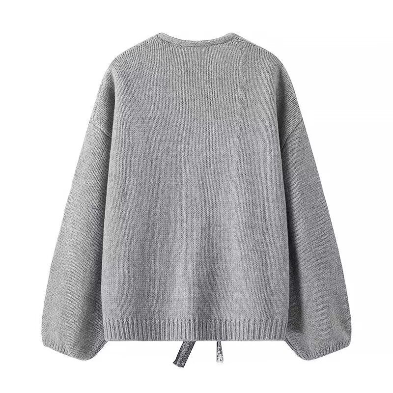 Women's Oversized Knit Cardigan with V-Neck and Sequin Bows Shop Velvia