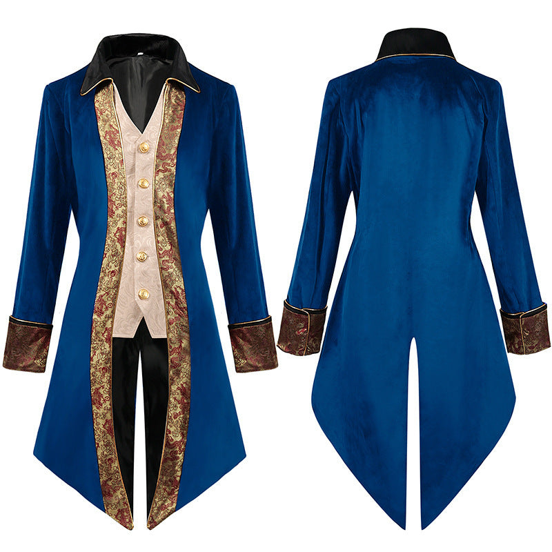 Men's nan baroque velvet tailcoat with gold-embroidered back appliqué and decorative brocade trim Shop Velvia