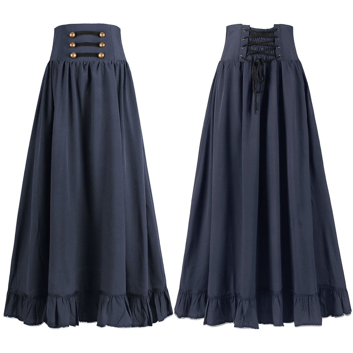 Ladies long high waist skirt with corset waistband, ruffle hem and decorative buttons Shop Velvia