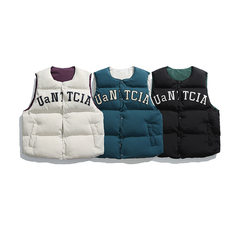 Unisex Padded Quilted Vest in Boxy Cut with Snap Button Closure and College Logo Print Shop Velvia