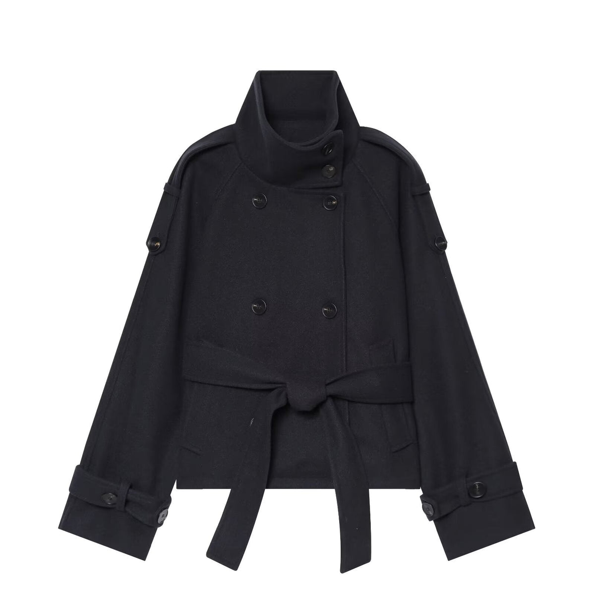 Women's Short Double-Breasted Cape Coat made of Wool with Stand-Up Collar Shoulder Epaulettes and Tie Belt Shop Velvia