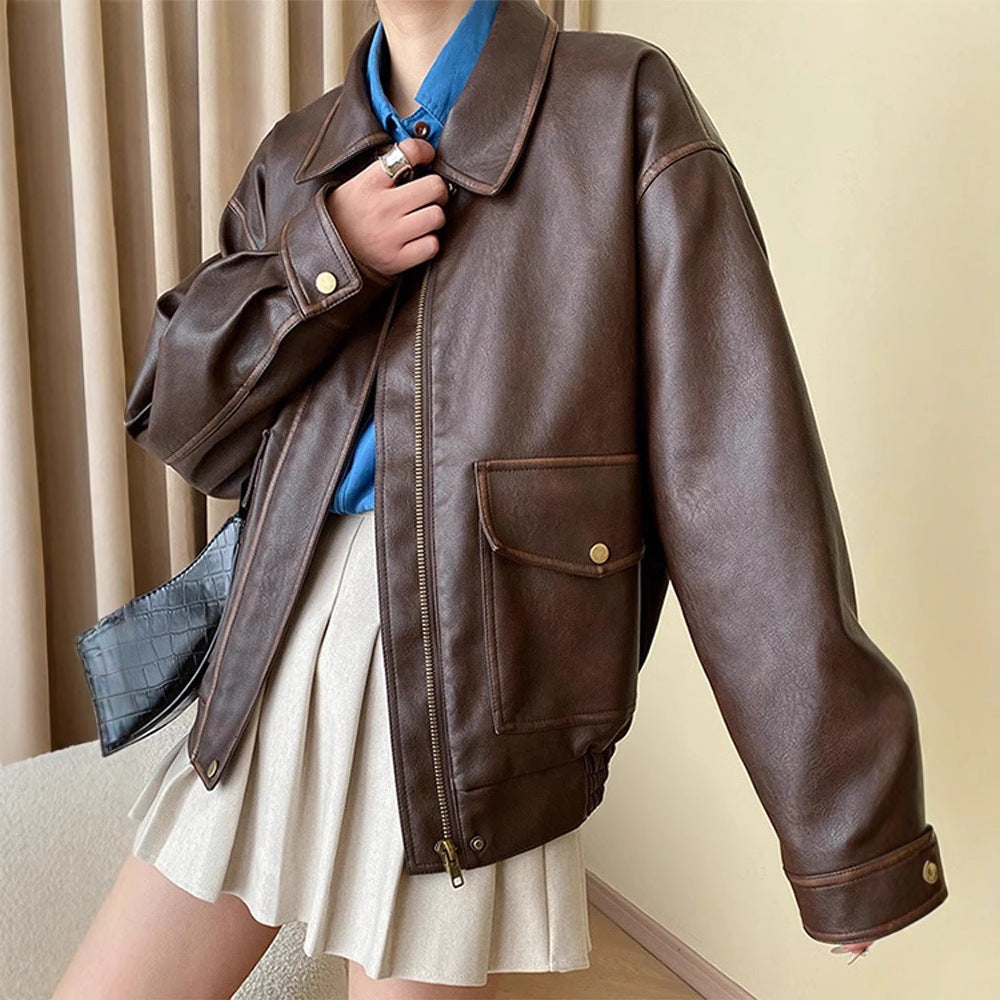 Women's Oversized Faux Leather Bomber Jacket with Shirt Collar, Zipper and Snap Button Cuffs Shop Velvia
