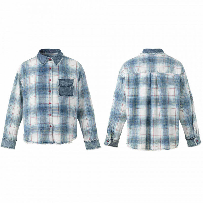 Unisex Checked Overshirt in Used Look with Fringes, Denim Collar and Patch Chest Pocket Shop Velvia