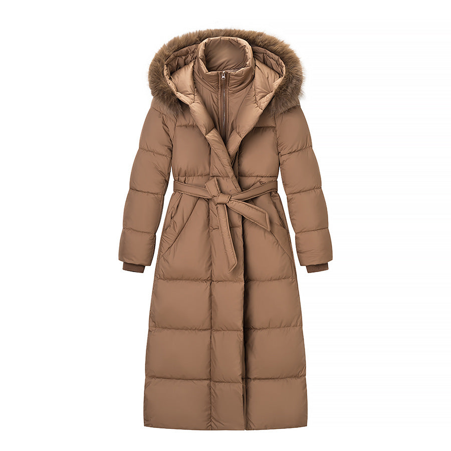 Women's Long Quilted Coat with Waist Belt, Hood and Faux Fur Trim Shop Velvia