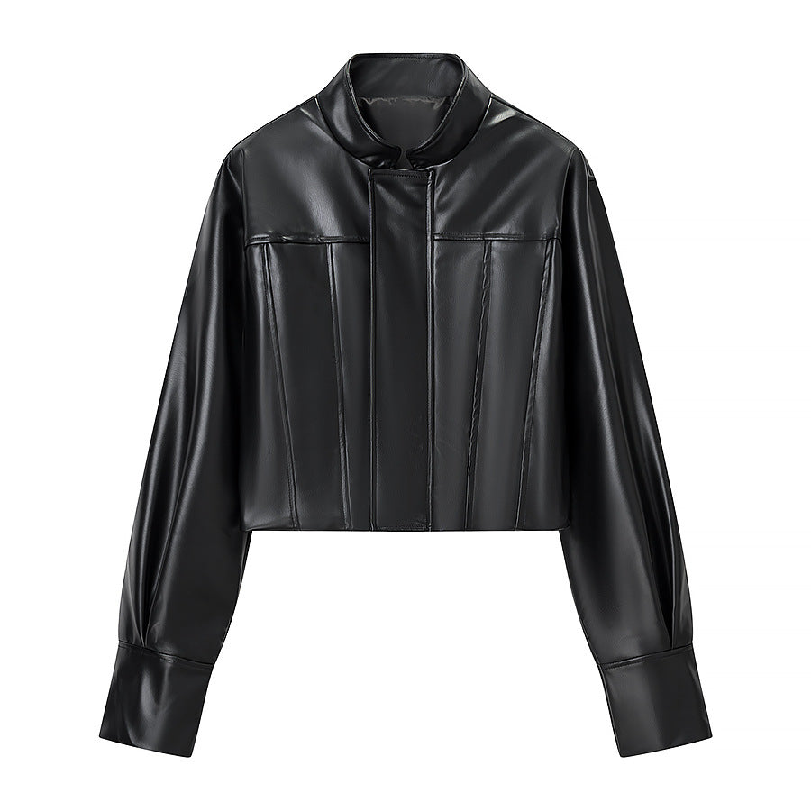 Women's short jacket in biker-bomber style made of vegan leather with a stand-up collar and oversized sleeves Shop Velvia
