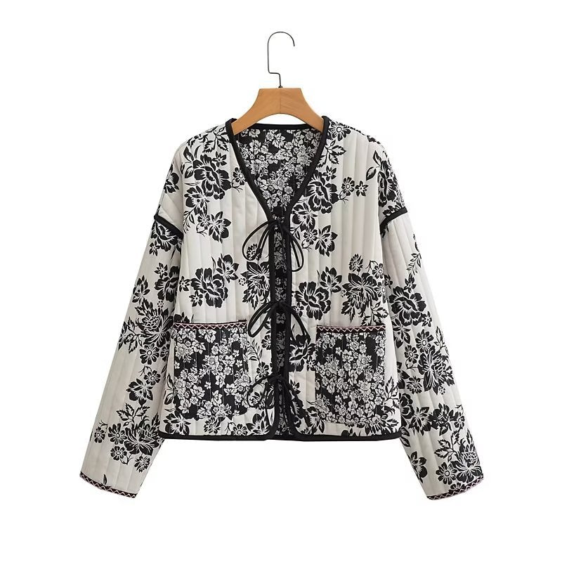Women's Quilted Short Jacket with Floral Allover Print and Tie Ribbons Shop Velvia