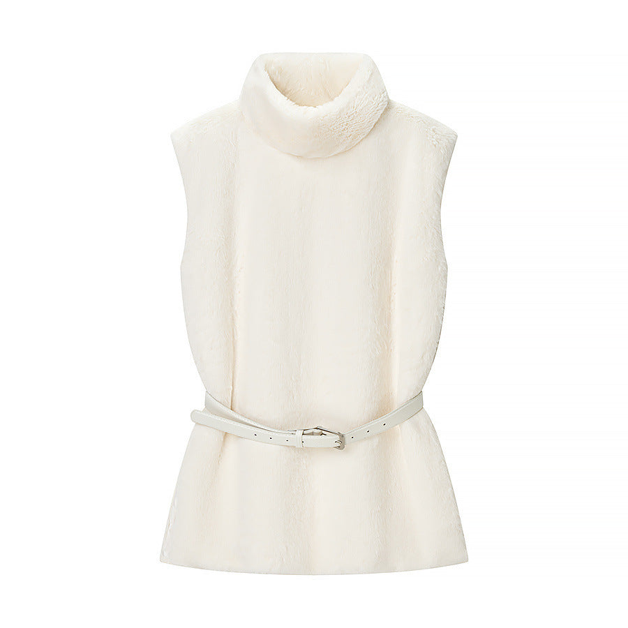 Women Short Sleeveless Faux Fur Vest with High Collar and Waist Belt Shop Velvia