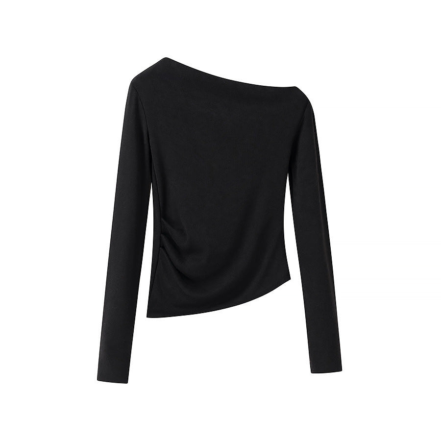 Women’s asymmetrical fine knit top with off-the-shoulder neckline and gathered side panel Shop Velvia