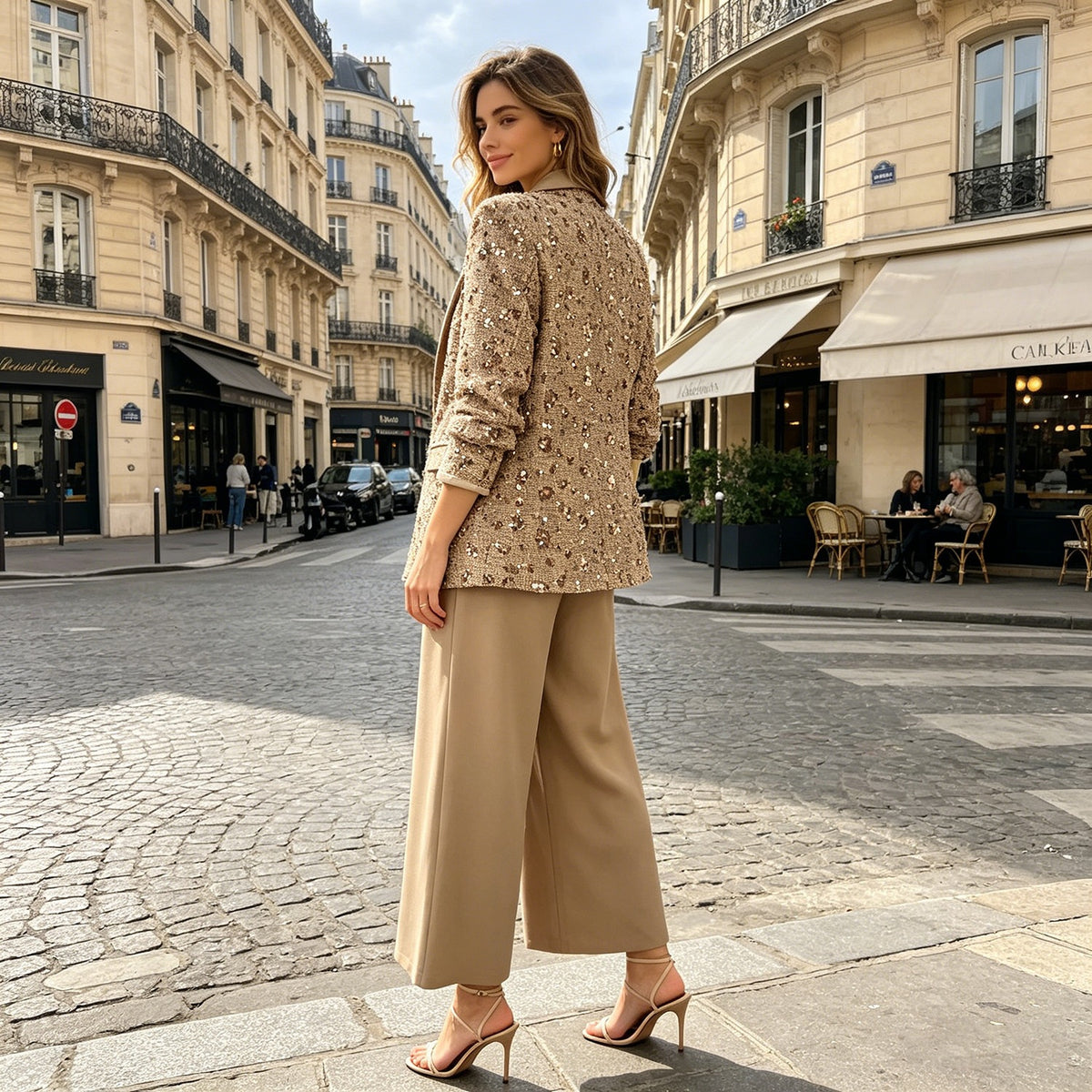 Women's Tweed Blazer with Shawl Collar, Tie Belt and Wide Palazzo Pants Set Shop Velvia