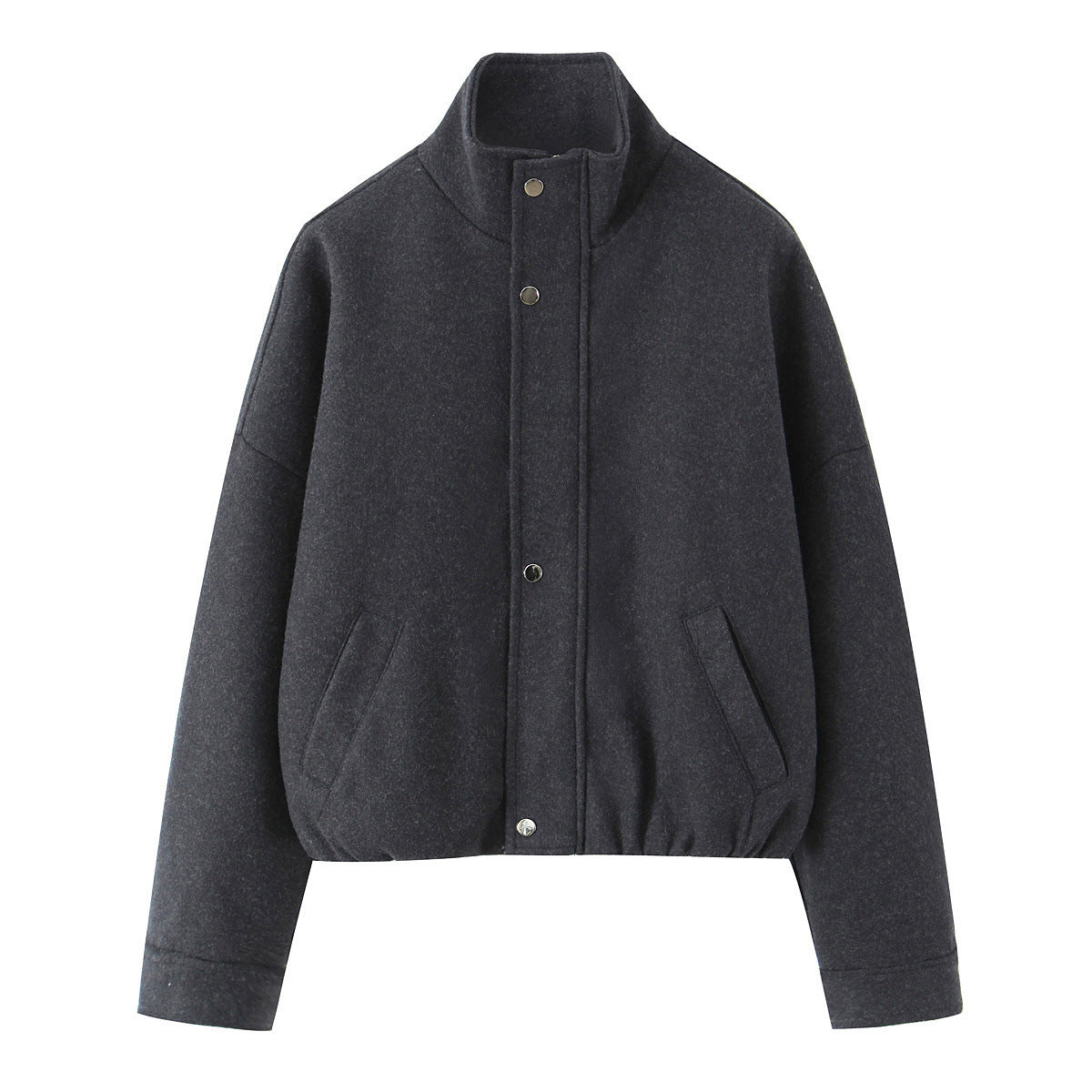 Women's short-cut wool blouson jacket with stand-up collar, snap button placket, and elastic hem Shop Velvia