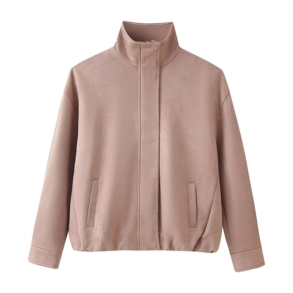 Women's Boxy Short Jacket with High Stand Collar, Concealed Front Placket and Jetted Pockets Shop Velvia
