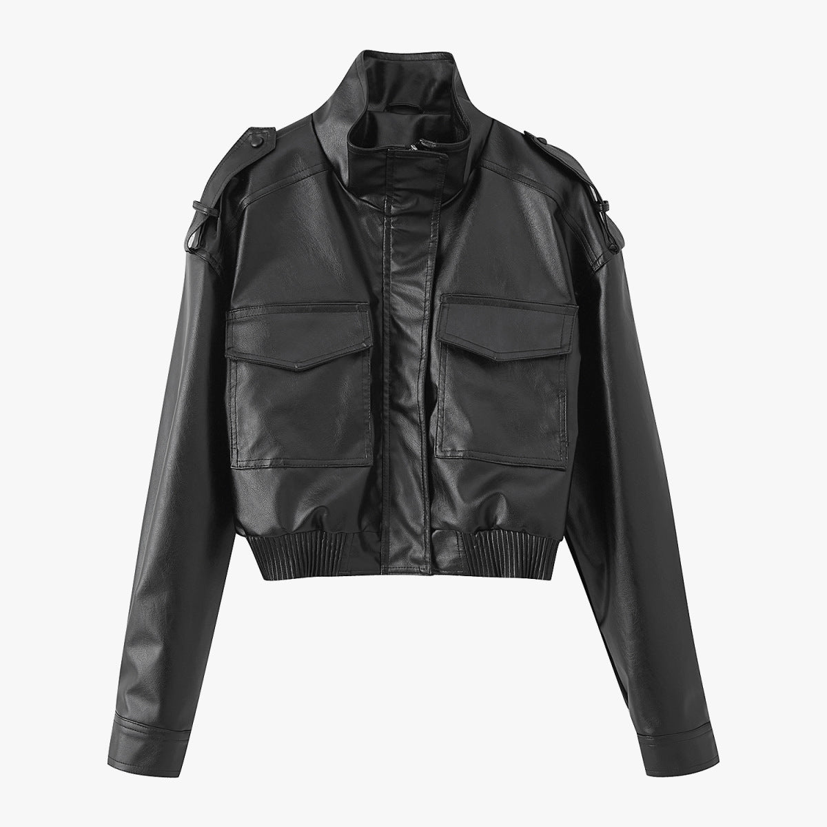 Women Short-Cut Leather Bomber with High Stand Collar, Shoulder Straps and Flap Pockets Shop Velvia