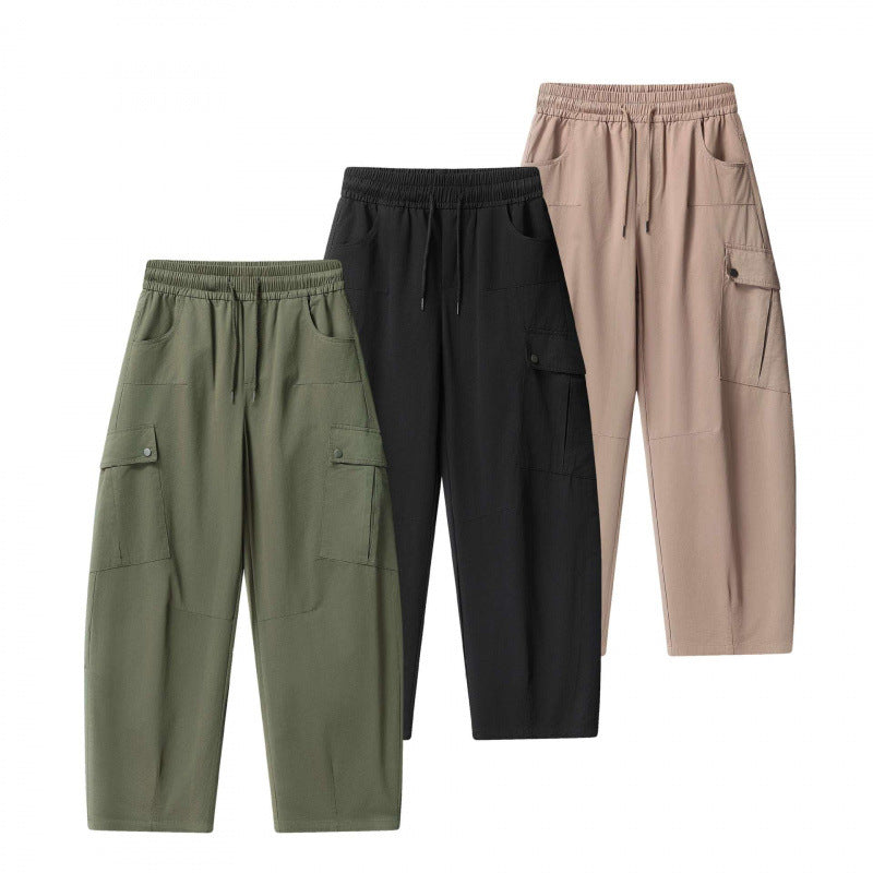 Unisex Loose Cargo Pants with Elastic Waistband, Drawstring and Patch Flap Pockets Shop Velvia