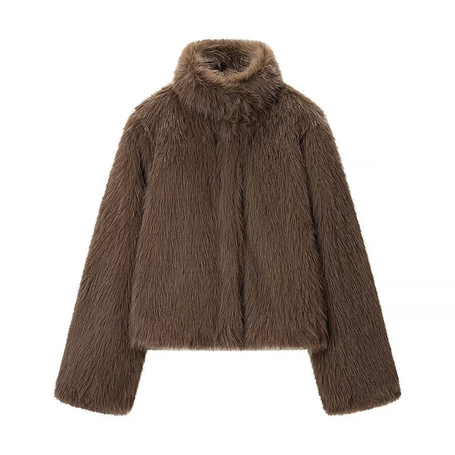Ladies short jacket made of voluminous faux fur with high collar and boxy silhouette Shop Velvia