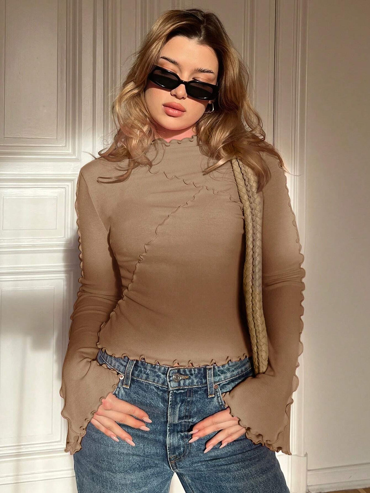 Ladies Fitted Ribbed Long Sleeve Shirt with Stand-up Collar and Ruffled Hem Shop Velvia