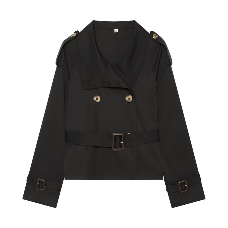 Women Short Boxy Trench with Double Breasted, Waist Belt and Shoulder Tabs Shop Velvia