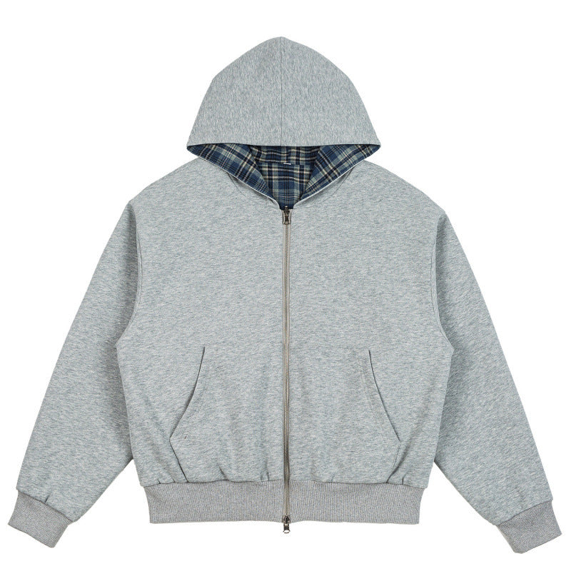 Unisex Padded Hoodie Bomber Jacket with Checkered Flannel Lining and Sturdy Zipper Shop Velvia