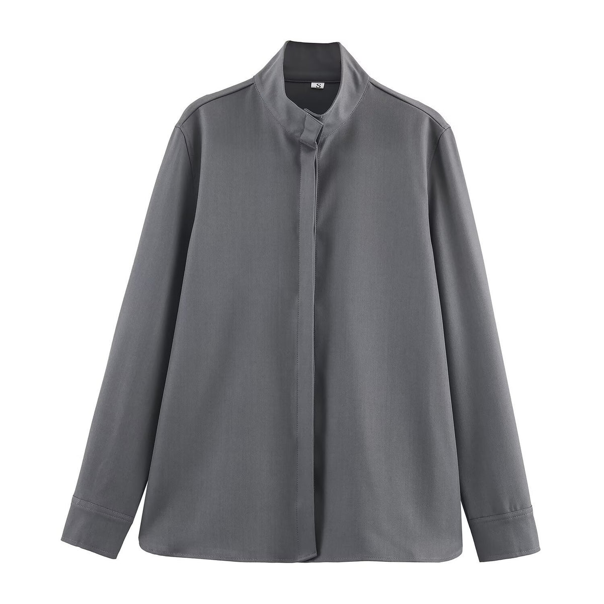 Women's loose-fitting tunic blouse with concealed button placket and stand-up collar Shop Velvia