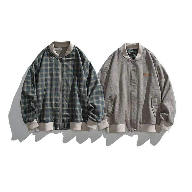 Unisex boxy bomber jacket in herringbone look with ribbed cuffs, flap pockets, and concealed snap button placket Shop Velvia