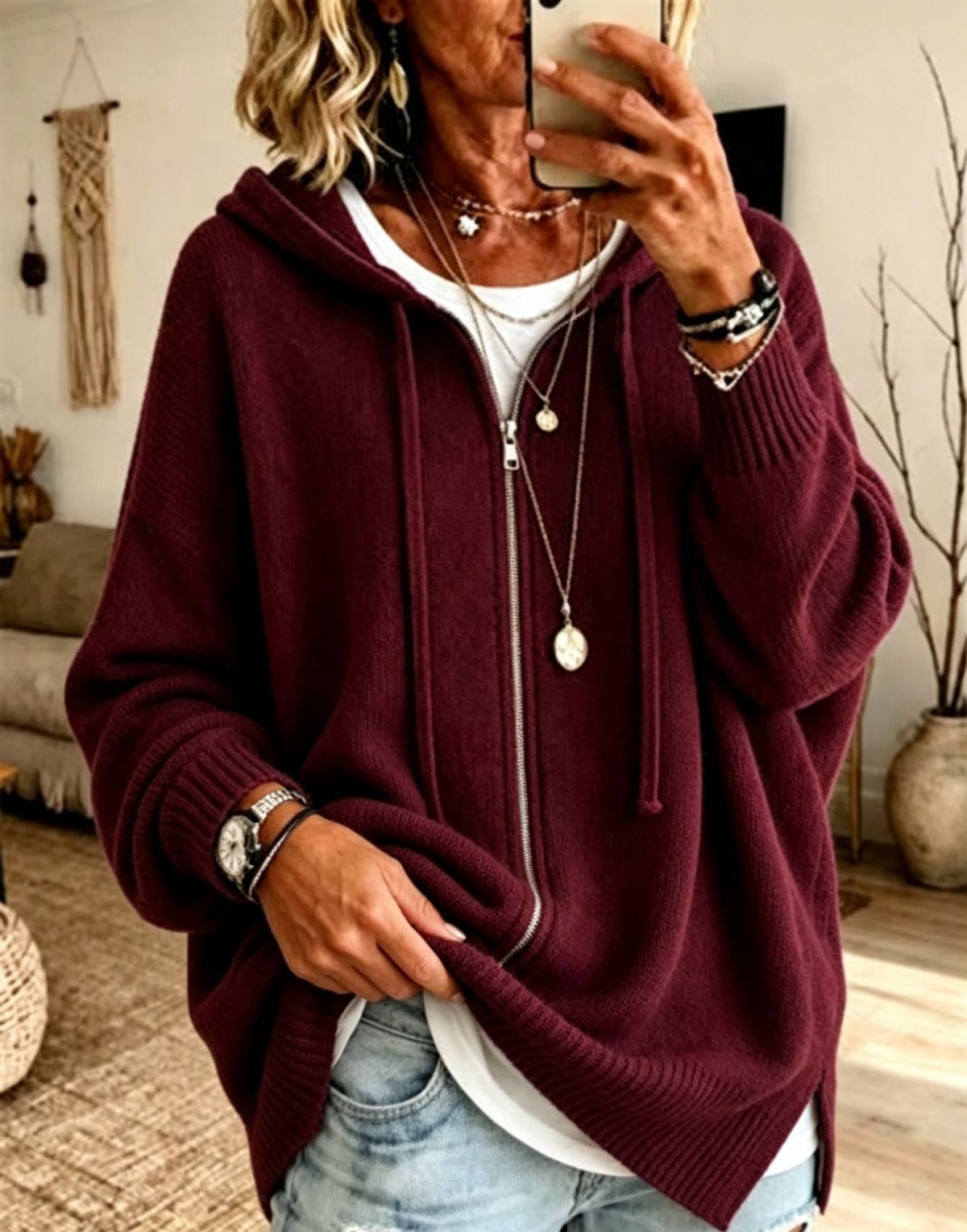Women Oversize Hooded Zip Cardigan made of soft fine knit Shop Velvia