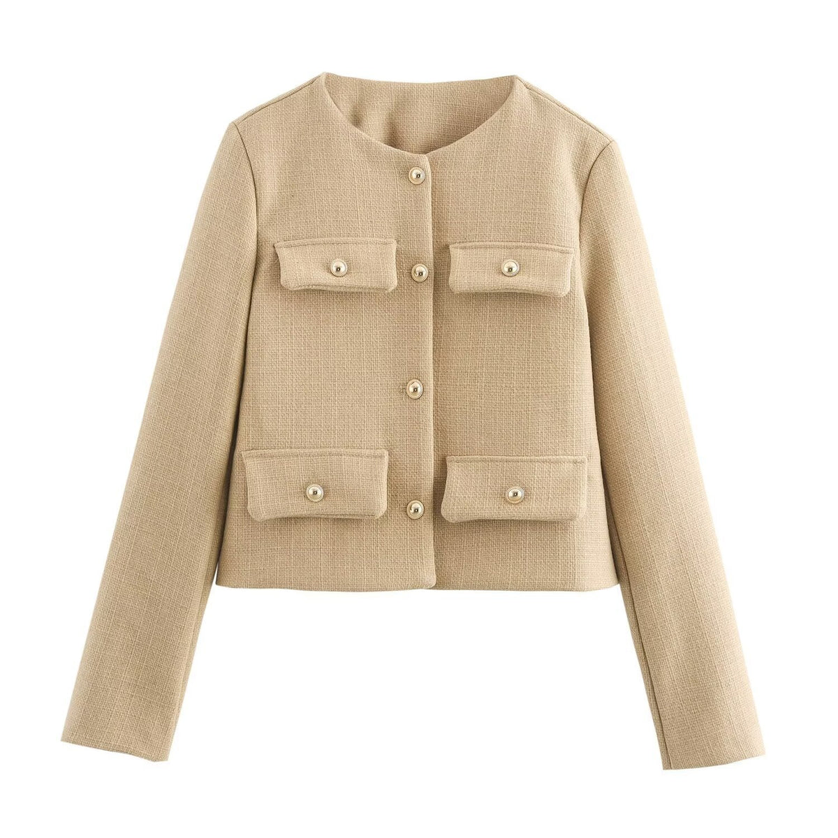 Women Short-Cut Boucle Blazer with Round Neckline, Four Flap Pockets and Gold Decorative Buttons Shop Velvia