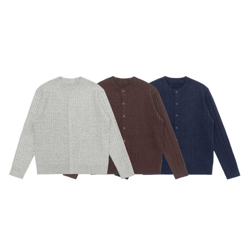 Unisex Short-cut Braid Knit Cardigan with Round Neck and Pearlescent Buttons Shop Velvia