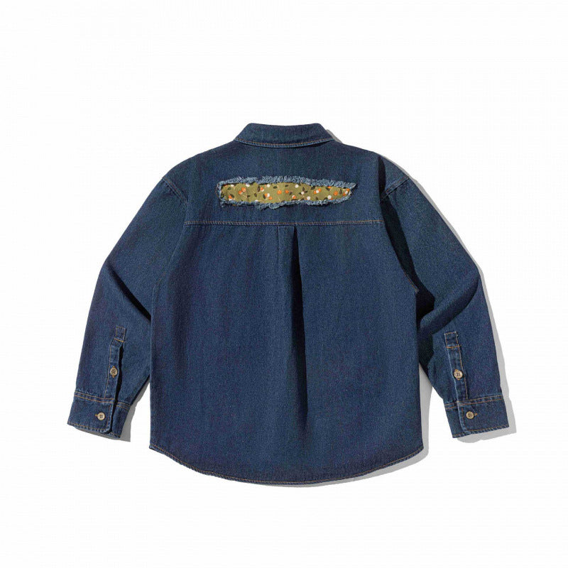 Unisex Boxy Denim Shirt Jacket with Decorative Destroy Applications and Oversized Silhouette Shop Velvia