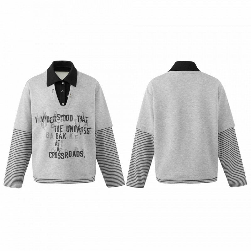 Unisex Oversize Sweatshirt with Layering Polo Collar, Striped Sleeves and Statement Print Shop Velvia