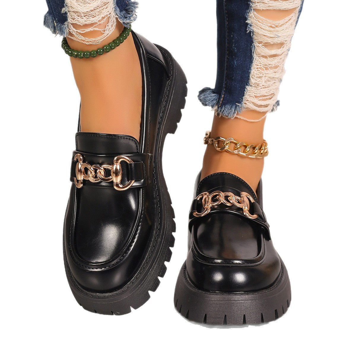 Women Chunky Platform Loafer with Metal Chain Detail and Profiled Rubber Sole Shop Velvia