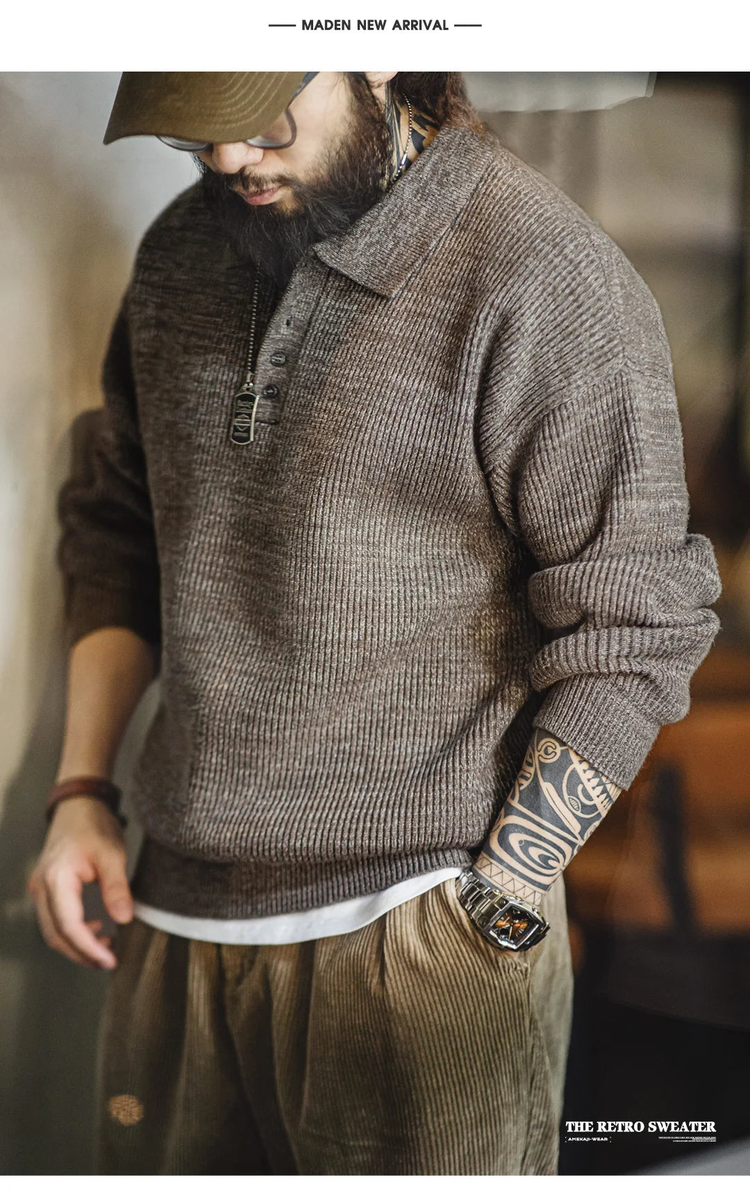 Maden™ | Men's Loose Fit Coffee Color Lapel Sweater