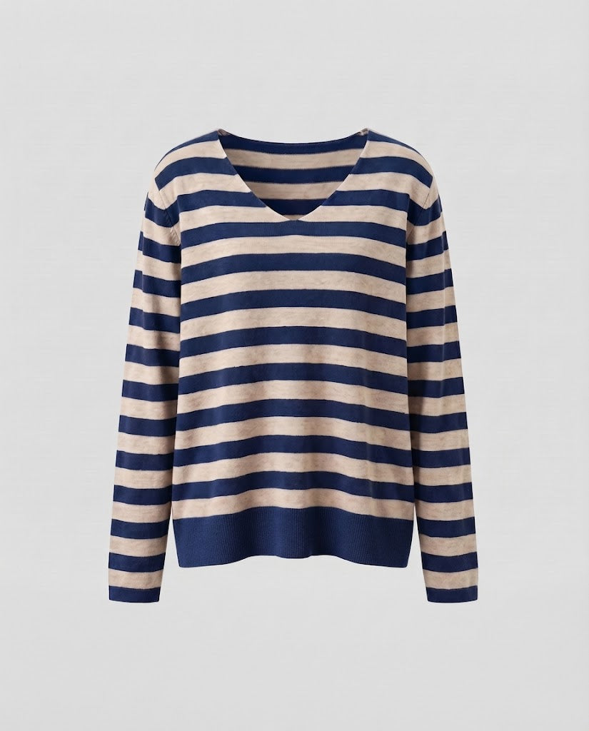 Women's Striped Fine Knit Sweater with V-Neck and Casual Oversized Fit Shop Velvia
