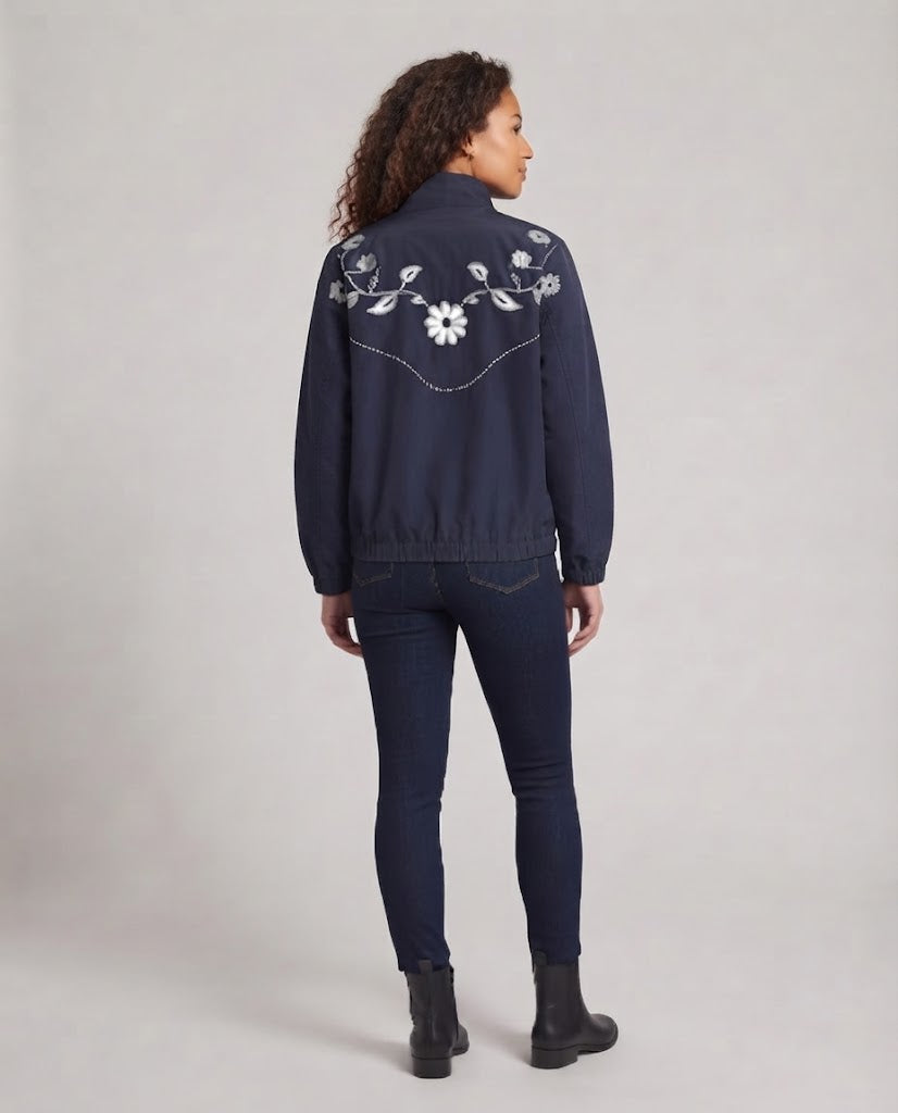 Women's Embroidered Lightweight Transitional Jacket with Zipper and Flower Detail Shop Velvia