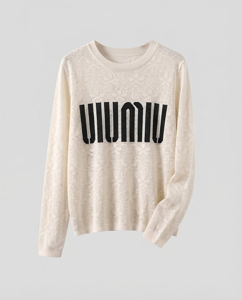 Women's fine knit pullover with round neckline, jacquard structure and logo front Shop Velvia