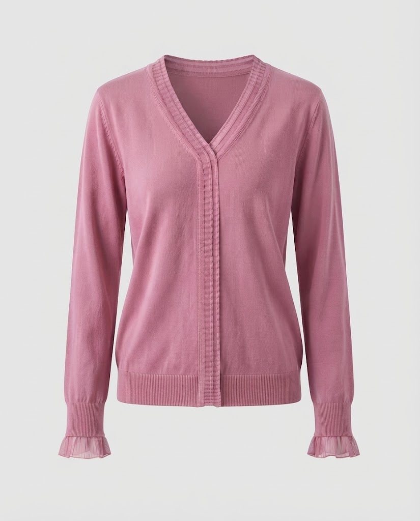 Ladies Fine V-Neck Fine Knit Sweater with Pleated Trim and Flowing Silhouette Shop Velvia