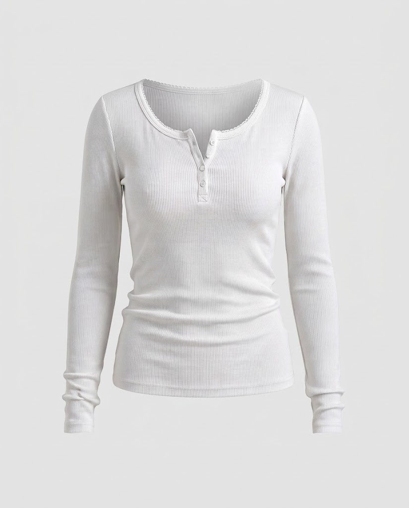 Women's Fitted Ribbed Long Sleeve Henley Shirt with Decorative Button Placket and Scalloped Edge Shop Velvia